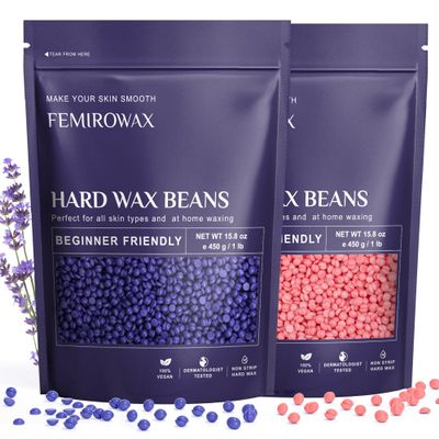 FEMIROWAX Hard Wax Beads 2-Pack, 1lb Lavender Hard Wax Beads for Coarse Hair Full Body + 1lb Rose Hard Wax Beads for Sensitive Skin Body, Brazilian Bikini, Legs, Eyebrow, Facial