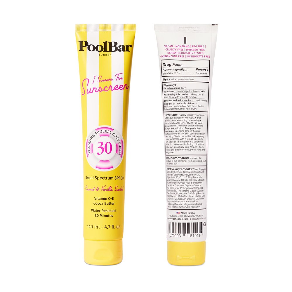 PoolBar SPF 30 Hydrating Mineral Body Sunscreen Cream for Women and Men Skin Care - Coconut Vanilla Scent Sun Care, Vegan and Water Resistant, Broad Spectrum Sunscreen, 140 ml (4.7 Fl. Oz)