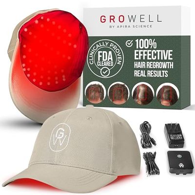 GroWell Red Light Therapy Hair Growth Cap FDA Cleared Laser Treatment for Hair Regrowth and Reduced Shedding LED & Laser Red Light Therapy Clinically Proven in Double-Blind Studies -Beige