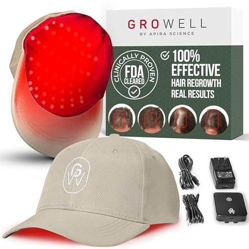 GroWell Red Light Therapy Hair Growth Cap  FDA Cleared Laser Treatment for Hair Regrowth and Reduced Shedding  LED & Laser Red Light Therapy Clinically Proven in Double-Blind Studies -Beige