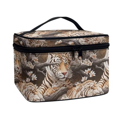 Jolamirel Tiger Floral Travel Makeup Bag for Women, Traditional Chinese Painting Tigers Print Large Capacity Makeup Bag Zipper Multi-function Cosmetic Travel Bag