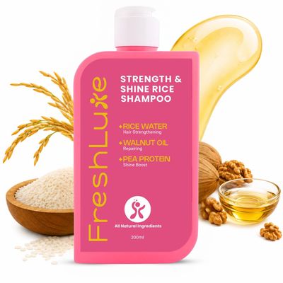 FreshLuxe Unisex Strength and Shine Rice Water Shampoo, With Walnut & Pea Protein, Repairs Damaged Hair & Reduces Split Ends, Korean Hair Care, Derma Tested & AYUSH Approved (200 ml (Pack of 1)
