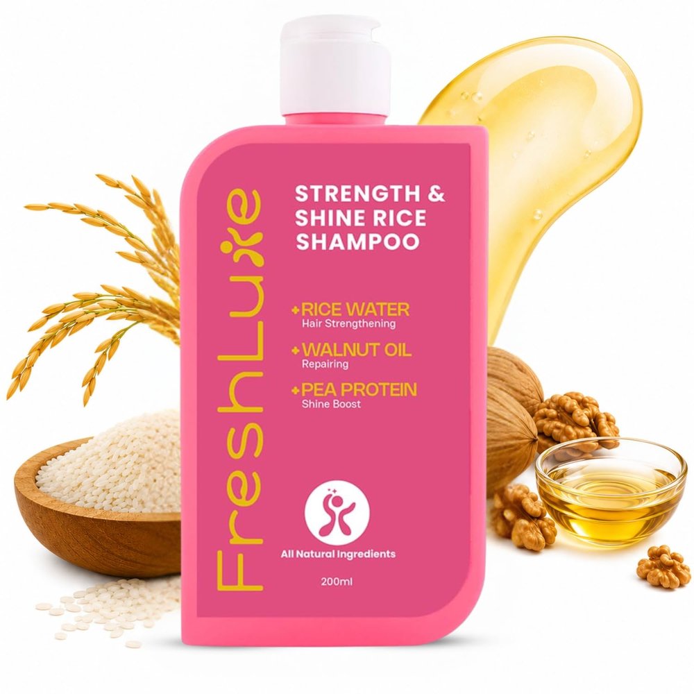 FreshLuxe Unisex Strength and Shine Rice Water Shampoo, With Walnut & Pea Protein, Repairs Damaged Hair & Reduces Split Ends, Korean Hair Care, Derma Tested & AYUSH Approved (200 ml (Pack of 1)
