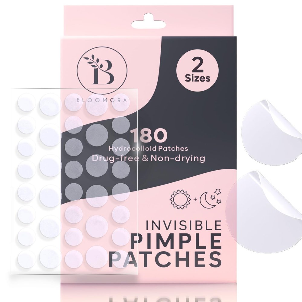 BLOOMORA Invisible Pimple Patches for Face (180 Count), Hydrocolloid Stickers Covers Pimples, Zit Patches for Spot Cover, Clear (2 Sizes - S/L)