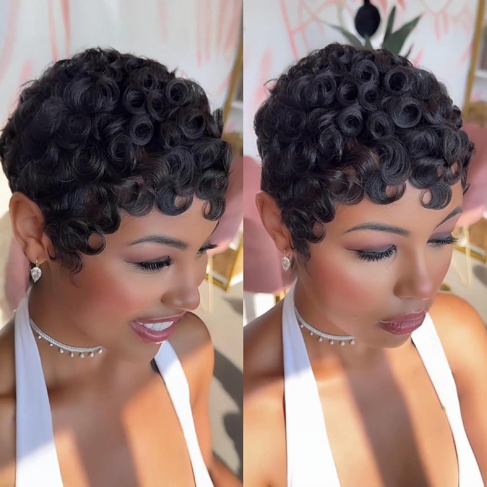 Tgezer Pixie Cut Curly Wigs for Black Women Chic Elegent Short Layered Pixie Cut wig Human Hair With Bangs Natural Black Color Glueless Short Curly Human Hair Wig