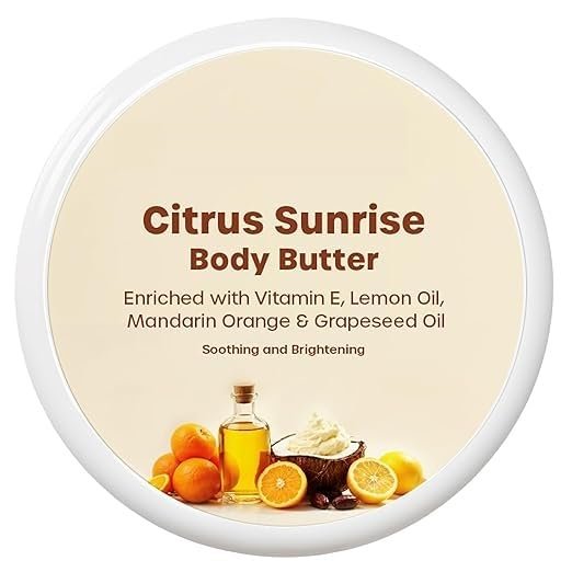 Citrus Sunrise Body Butter, Enriched with Vitamin E, Lemon Oil, Mandarin Orange & Grapeseed Oil, Soothing and Brightening