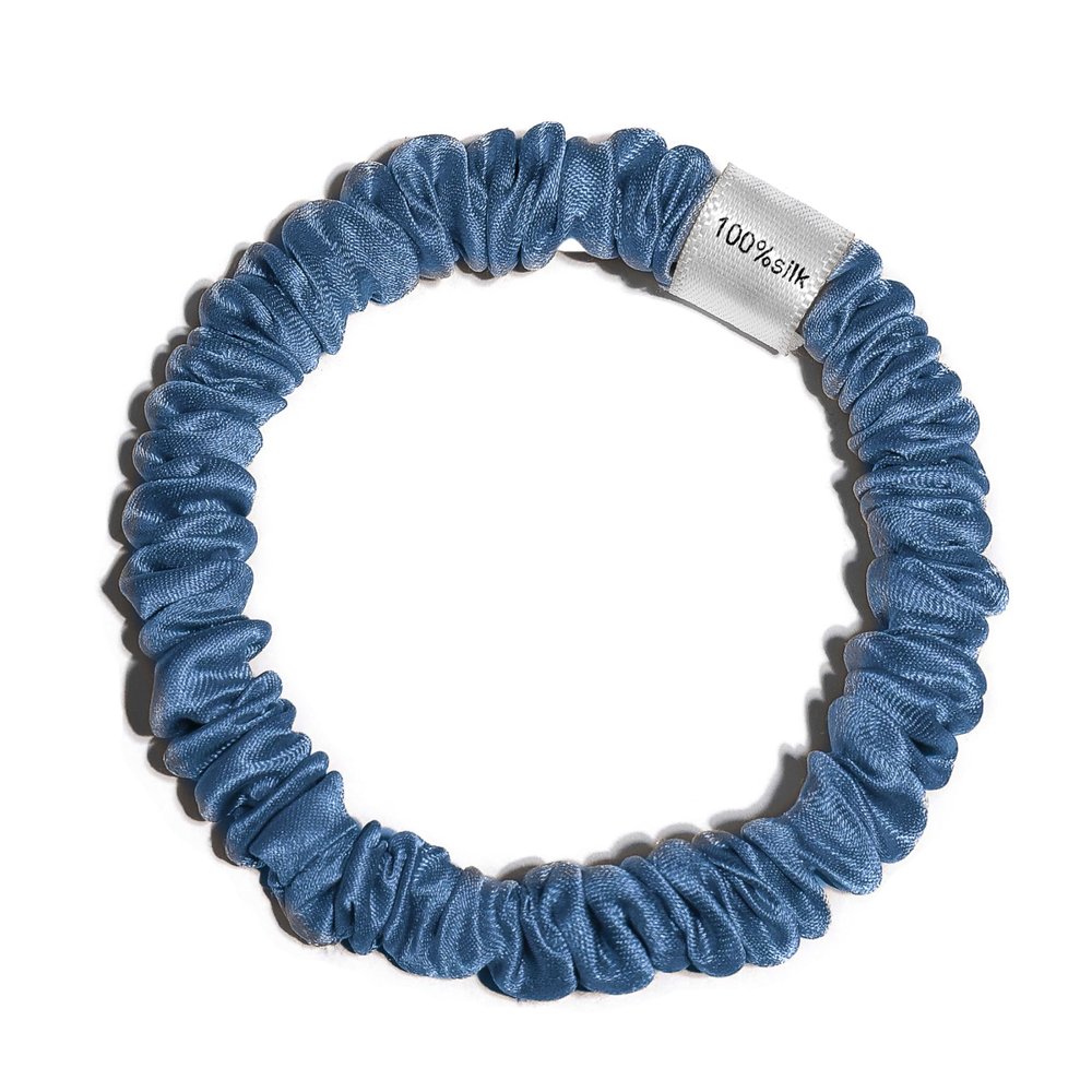 100% Pure Mulberry Silk Super Ultra Thin Scrunchie for Women & Girls  Handmade in USA  22 Momme 6A Grade Silk Hair Tie  Feather-Light & Gentle  Prevents Breakage & Creases  Perfect for Fine Hair & Sleek Styles (Steal Blue)