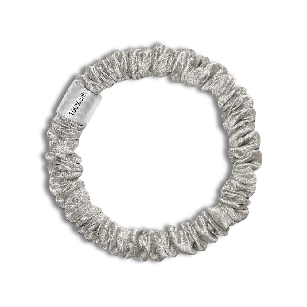 100% Pure Mulberry Silk Super Ultra Thin Scrunchie for Women & Girls  Handmade in USA  22 Momme 6A Grade Silk Hair Tie  Feather-Light & Gentle  Prevents Breakage & Creases  Perfect for Fine Hair & Sleek Styles (Silver)