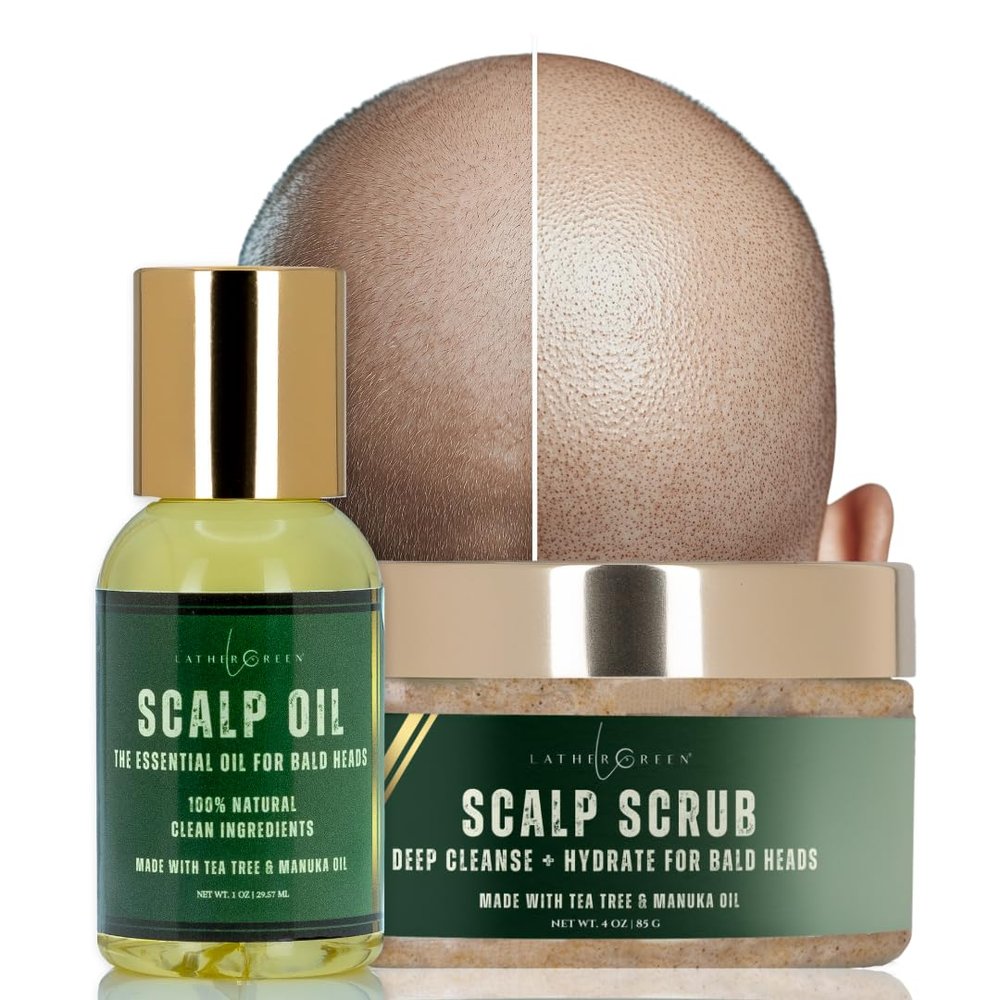 LATHER GREEN - Scalp Care Duo  Oil 1 oz & Scrub 4 oz Combo for Bald Heads