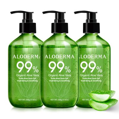 Aloderma 99% Organic Pure Aloe Vera Gel Made within 12 Hours of Harvest, 17.6oz Value Pump, Lightweight Non-Sticky Aloe Vera Gel for Sunburn Relief, Natural, Soothing Aloe Vera for Face & Hair, 3-Pack