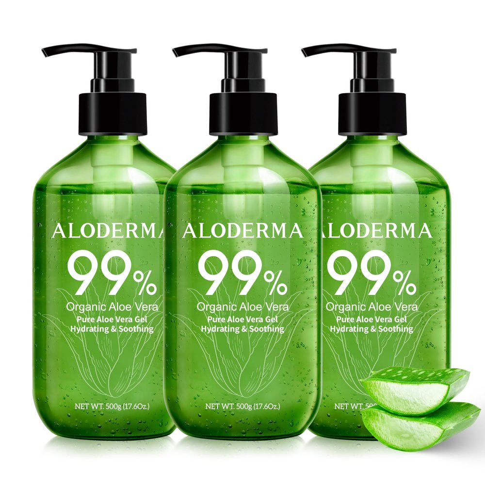 Aloderma 99% Organic Pure Aloe Vera Gel Made within 12 Hours of Harvest, 17.6oz Value Pump, Lightweight Non-Sticky Aloe Vera Gel for Sunburn Relief, Natural, Soothing Aloe Vera for Face & Hair, 3-Pack