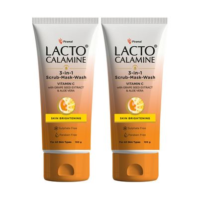 L@cto Calamine 3-in-1 Vitamin C Fa'ce Scrub-Mask-Wash for Skin Brightening Effect | 100ml x 2 | Multi-action Vitamin C Fa'ce Wash, F'ace Scrub, Grape Seed Extract & Aloe Vera