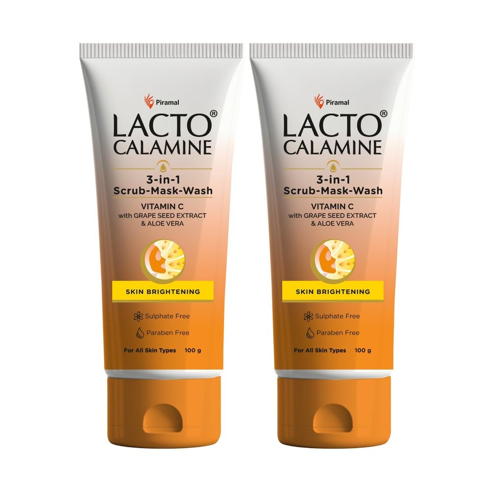 L@cto Calamine 3-in-1 Vitamin C Fa'ce Scrub-Mask-Wash for Skin Brightening Effect | 100ml x 2 | Multi-action Vitamin C Fa'ce Wash, F'ace Scrub, Grape Seed Extract & Aloe Vera