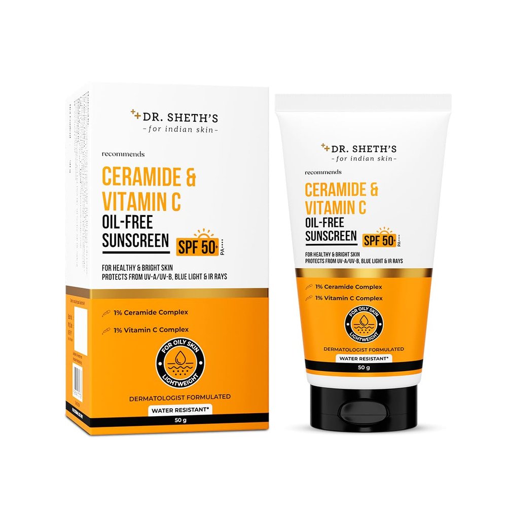 Dr. Sheth's Ceramide & Vitamin C Oil-Free Sunscreen SPF 50+ PA++++ | Non Greasy | For Oily Skin | For Men & Women | 50 g