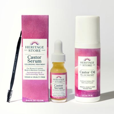 HERITAGE STORE Castor Serum and Castor Oil Roll On - Lash Serum for Fuller, Longer Looking Eyelashes w/Organic Castor Oil, Black Castor Oil, Biotin - Roll-On Hydration for Castor Oil Pack 3oz /0.42oz