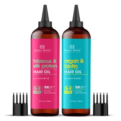 Botanic Hearth Hibiscus & Silk Protein and Argan & Biotin Hair Oil Combo Set 6.7 fl oz