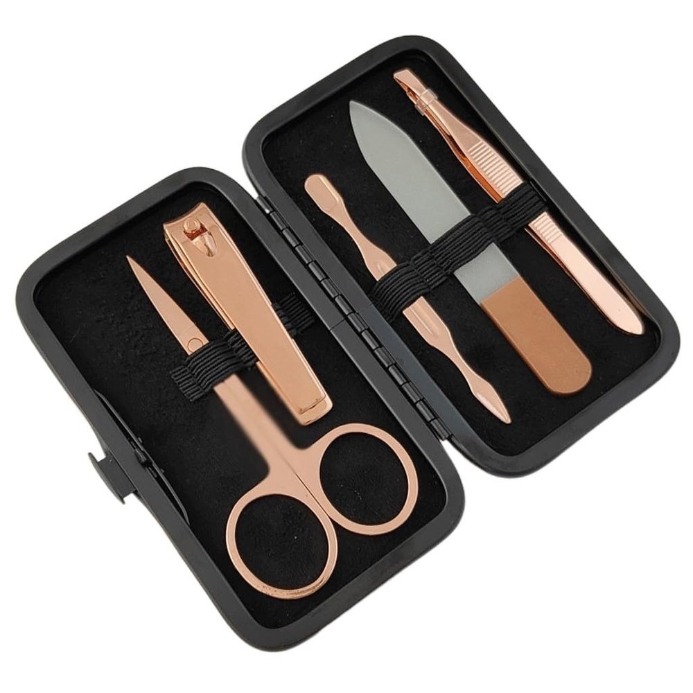 AFPSDLFJDLS Rose Gold PU Storage Box Stainless Steel 5-Piece Nail Set Glass File Nail Pliers Manicure Tool