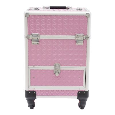 ATOLOMOTOR Professional Makeup Trolley,Portable Aluminum Cosmetic Train Case with Drawers&4 Wheel,Hairdressing Suitcase Organizer for Beauty/Hair Salon (Pink)
