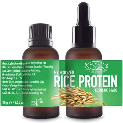 Artekas Innovation HYDROLYZED RICE PROTEIN - Liquid, 2 Ounces - For Homemade Hair Care, Skin Care, Body Washes, Shampoos, and Conditioners - 2 Vials (1 Ounce Each) - Includes Pipette and Screw Caps