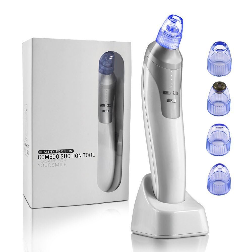 4-in-1 Microcrystalline Blackhead Remover Vacuum with Base - Adjustable Suction Pore Cleaner, Detachable Heads for Women and Men (White)