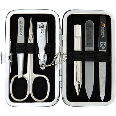 3 Swords Germany - Brand Quality 6 Piece Manicure Pedicure Grooming kit Set - Scissors, Metal and Glass Nail File, Clipper, Tweezers with Synthetic Leather case - Black