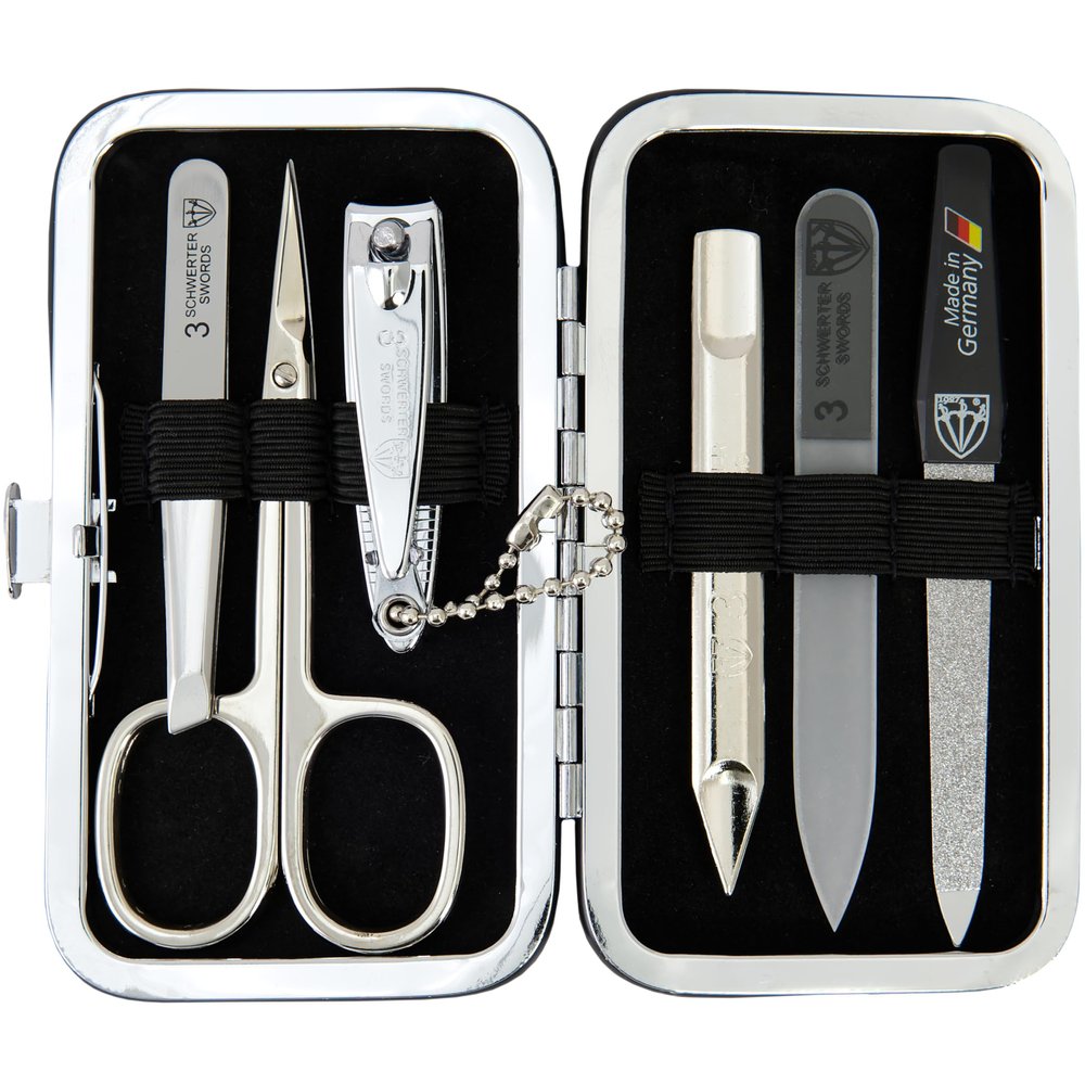 3 Swords Germany - Brand Quality 6 Piece Manicure Pedicure Grooming kit Set - Scissors, Metal and Glass Nail File, Clipper, Tweezers with Synthetic Leather case - Brown