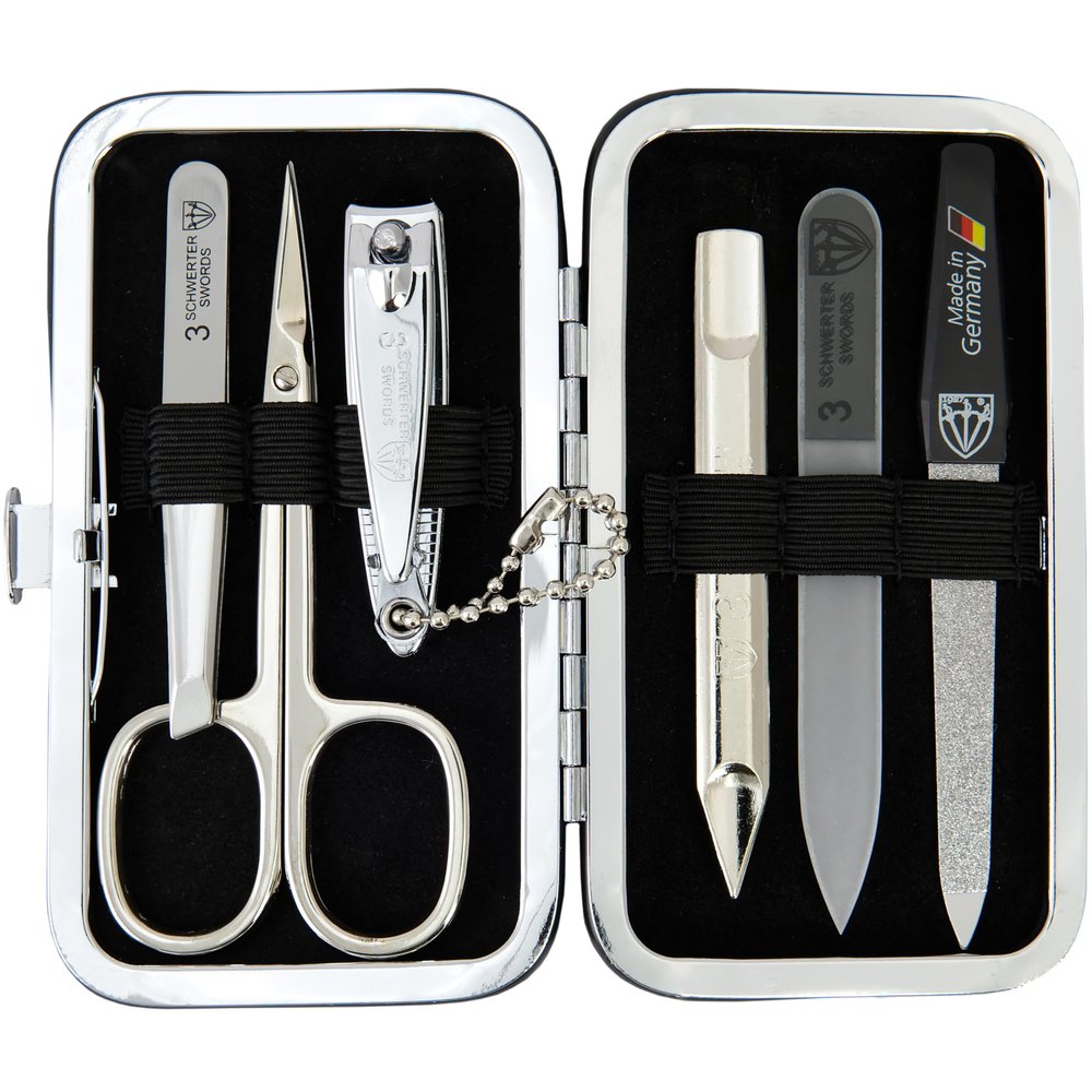 3 Swords Germany - Brand Quality 6 Piece Manicure Pedicure Grooming kit Set - Scissors, Metal and Glass Nail File, Clipper, Tweezers with Synthetic Leather case - Snake