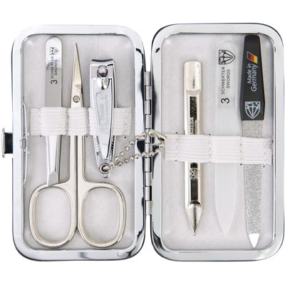 3 Swords Germany - Brand Quality 6 Piece Manicure Pedicure Grooming kit Set - Scissors, Metal and Glass Nail File, Clipper, Tweezers with Synthetic Leather case - White