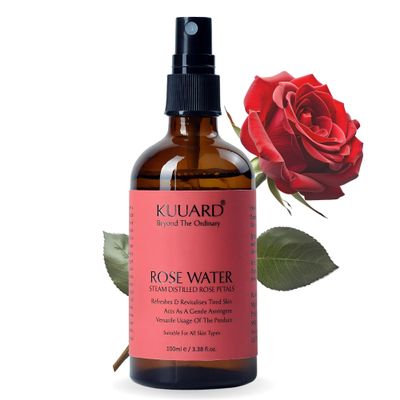 Kuuard Rose Water  Steam Distilled & Natural | 3.4 fl oz | Hydrating & Refreshing Face Mist | Gentle Astringent & Toner for All Skin Types | Soothes, Balances pH & Tightens Pores