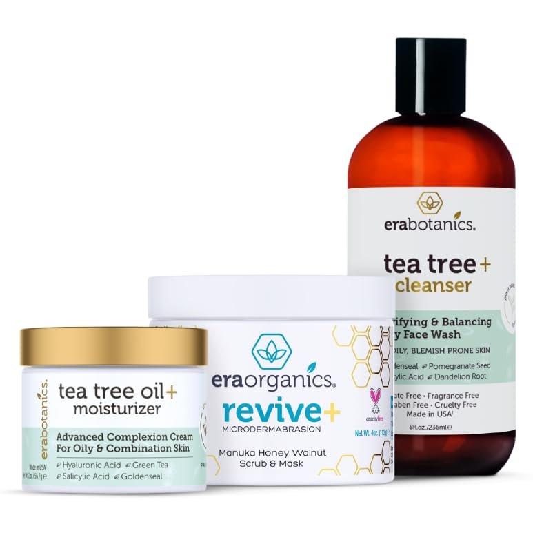 Era Organics Tea Tree Skincare Trio Tea Tree Cream, Cleanser & Microdermabrasion Face Scrub for Oily, Blemish-Prone Skin Cleanse & Balance Your Skin With Non-Toxic, Plant-Based Skin Care