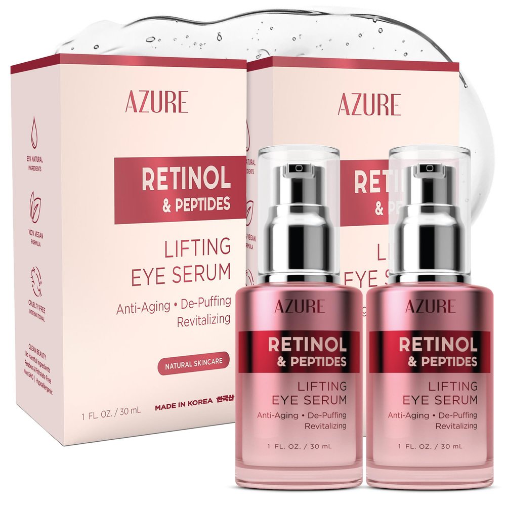 AZURE Retinol & Peptides Lifting Eye Serum - Anti Aging, De-Puffing & Revitalizing Dark Circle Corrector - Reduces Wrinkles, Fine Lines & Under Eye Bags - Skin Care Made in Korea - 30mL - 2 pack.
