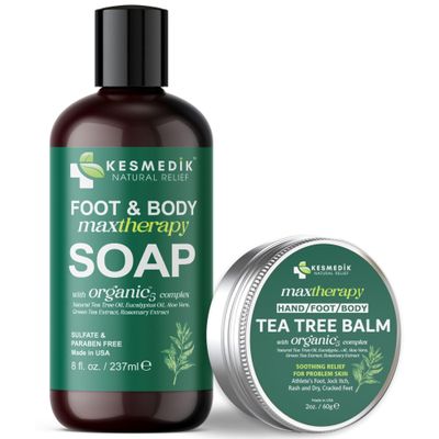 KESMEDIK Tea Tree Oil Body & Foot Soap + Tea Tree Oil Balm Care Bundle | Deeply Cleanses, Soothes Jock Itch, Athlete's Foot & Ringworm, Fights Body Odor