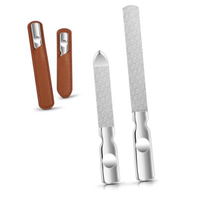 BIUDECO 2pcs Stainless Steel Nail File for Fingertips Toenails Double-Sided Pedicure Tools Leather Case