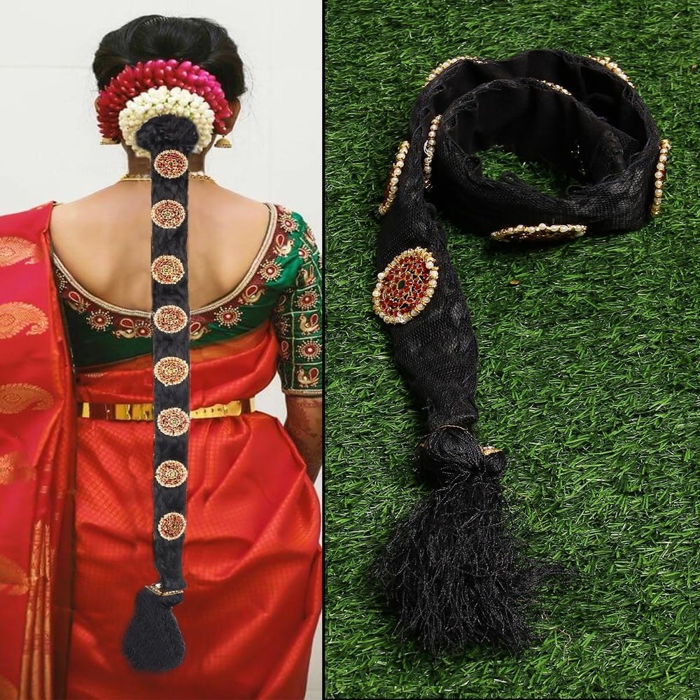 Traditional Black Hair Decoration Jewelery Savaram Kunjalam Kemp Ready Jada Billalu Jadaisaram Bharatanatyam Kunjalam For Wedding Bridal