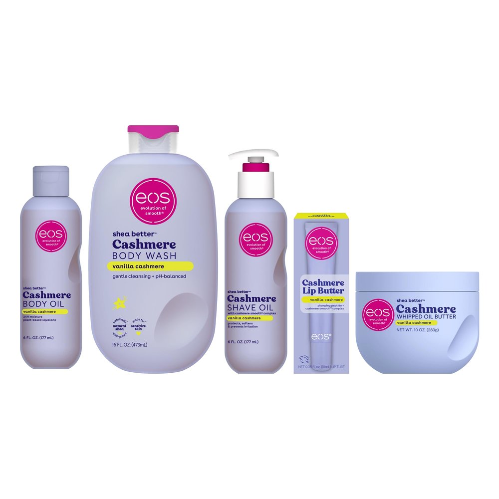 eos Vanilla Cashmere Bundle- Body Oil, Body Wash, Shave Oil, Whipped Body Butter, Lip Butter