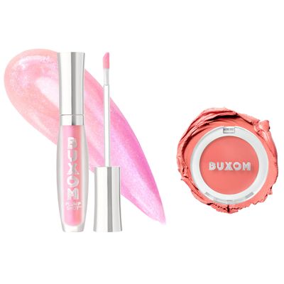 Buxom Plump Shot Collagen-Infused Lip Serum in Spellbound Pink Multichrome + Plump Shot Collagen Peptides Plumping Cream Blush, Cream-to-Powder Blush in shade Coral Sheer