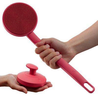 Aura Body Clean Pro - Silicone Electric Body Scrubber for Acne, Ingrown Hair & KP - IPX7 Waterproof, Rechargeable Exfoliating Shower Brush with Handle. Freeform Grip, & 7000+ Sonic Vibration - Cherry