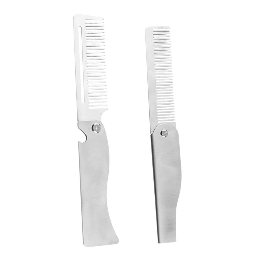 BIUDECO 2pcs Men's Grooming Kit Portable Folding Comb Beard Brush for Men Women Retractable Pocket Styling Tool Mini Stainless Steel Hair Tool