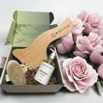 BALVIVE Gift Set for Her -SPA Experience-Smooth Body | Body Oil 8 oz & Wooden Lymphatic Drainage Bundle with Dry Brush- Anti-Cellulite -Non-Greasy, Firms and Smooths SkinLymphatic Drainage