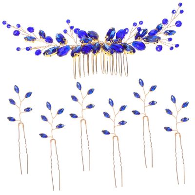 VINTORKY Rhinestone Hair Pins U-shaped Hair Clips Wedding Accessories for Women Leaf Shape Pins Decorative Comb Styling Blue Accessory