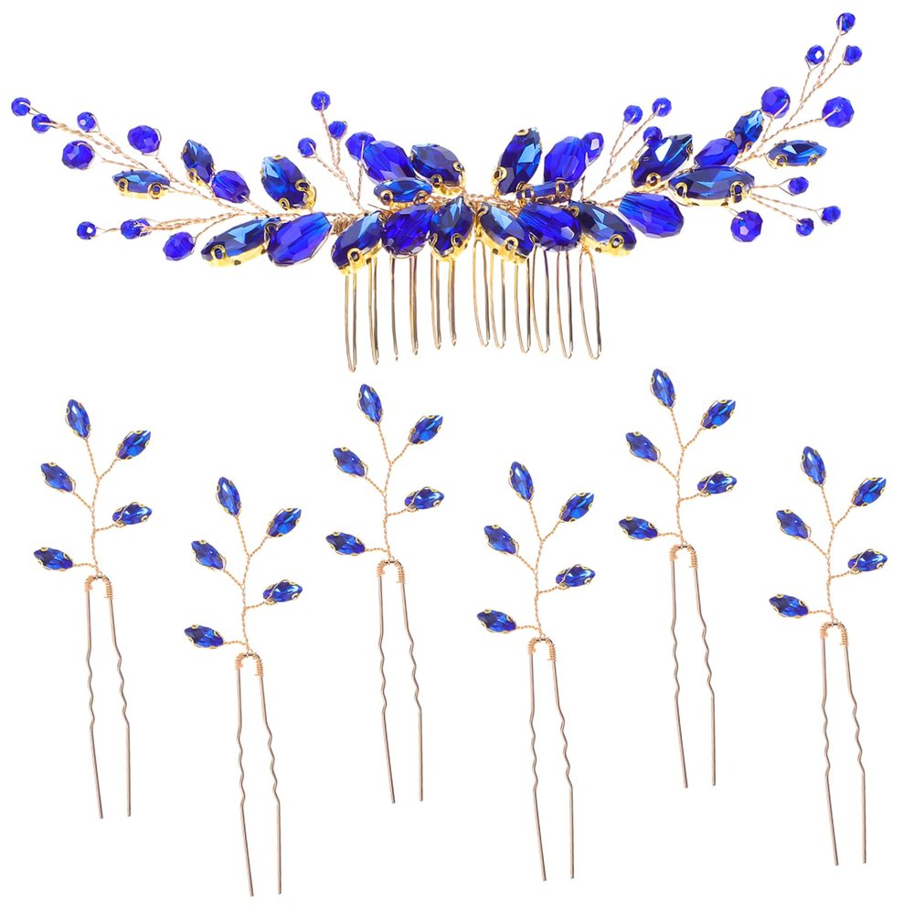 VINTORKY Rhinestone Hair Pins U-shaped Hair Clips Wedding Accessories for Women Leaf Shape Pins Decorative Comb Styling Blue Accessory