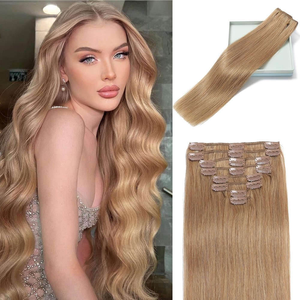 LORIEN Clip in Hair Extensions Real Human Hair, 24 Inch 120g, 27 Honey Blonde, Clip in 100% Brazilian Remy Human Hair Extensions 8pcs Per Set with 18 Clips Double Weft