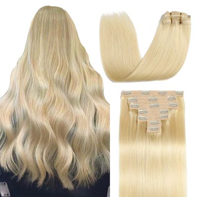 Sisily Clip in Hair Extensions Real Human Hair, 24 inch 120g, Bleach Blonde, 100% Brazilian Remy Human Hair Clip in Extensions Soft Straight 7pcs Per Set with 16 Clips Double Weft