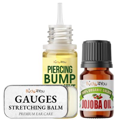 BodyJ4You 3PC Piercing Aftercare Set - Natural Saline Recovery Solution - 100% USDA Organic Jojoba Oil - Ear Stretching Balm Wax - Pure Unrefined Vegan Care for Body Piercing
