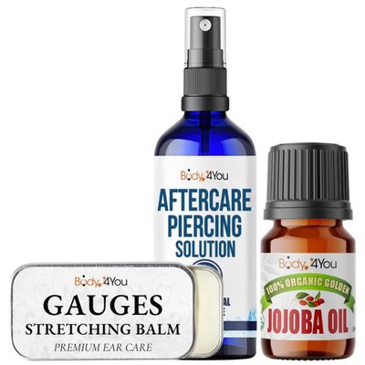 BodyJ4You Piercing Aftercare Kit - Saline Piercing Spray - Ear Stretching Balm - 100% USDA Organic Jojoba Oil - Stretched Ear Gauges Tragus Nose Septum Lip Navel - Soothe Moisturize Skin Recovery