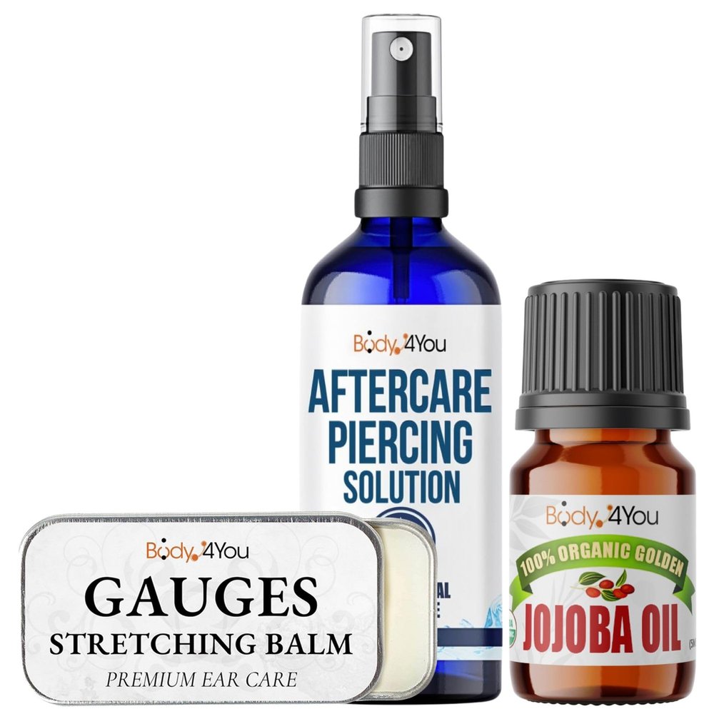 BodyJ4You Piercing Aftercare Kit - Saline Piercing Spray - Ear Stretching Balm - 100% USDA Organic Jojoba Oil - Stretched Ear Gauges Tragus Nose Septum Lip Navel - Soothe Moisturize Skin Recovery
