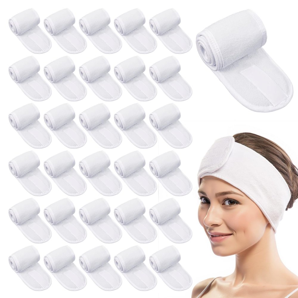 Spa Headbands for Women, 30 Pieces Adjustable Skincare Headband Bulk Spa Facial Headband Esthetician Hair Wrap Shower Stretch Towel Headbands with Tape for Women Washing Face Makeup Shower, White