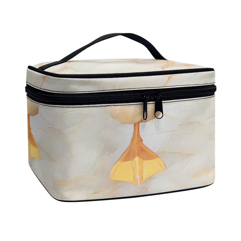 Jolamirel White Duck Print Womens Travel Makeup Bag Tote Zipper Toiletry Bag, Novelty Animal Claw Printed Large Travel Essentials Cosmetic Bag Case with Handle