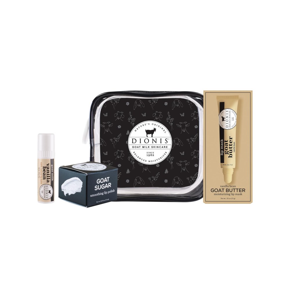 Dionis Goat Milk Vanilla Bean 3-Piece Lip Care Kit, Travel Bag Included Sugar Polish, Goat-Butter Overnight Mask & Scented Jumbo Lip-Balm - Moisturizing Clean Beauty, Cruelty-Free, Made in USA