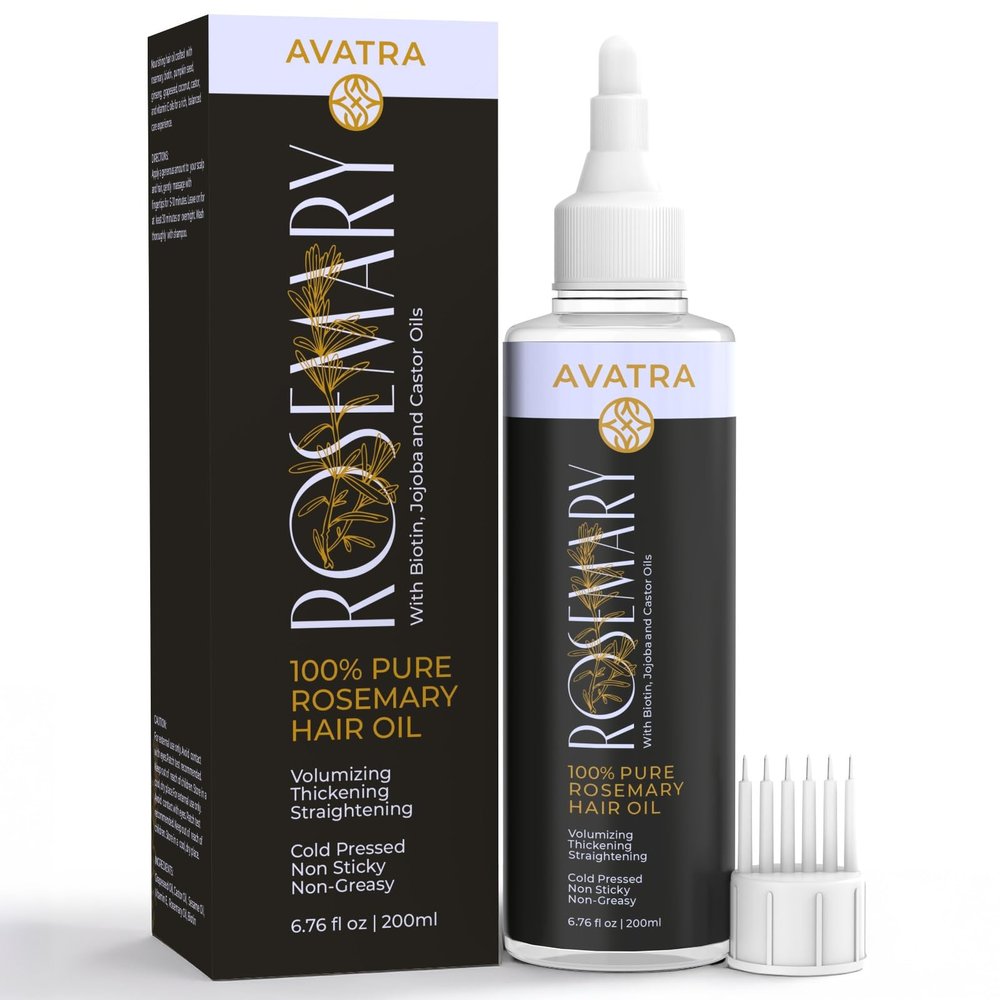 Avatra 100% Pure Rosemary Oil For Hair Growth (6.7 fl oz)| Infused with Biotin, Jojoba & Castor Oil | Hair Oil Repairs Dry Damaged Hair, Strengthening, Healthier Hair